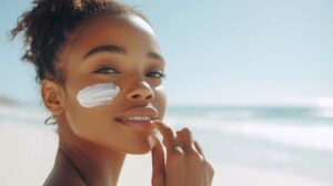 woman at the beach putting sunscreen cream on