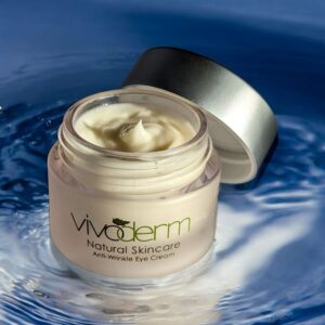 Vivoderm Anti Wrinkle Eye Cream Hydration sitting in a pool of cool water